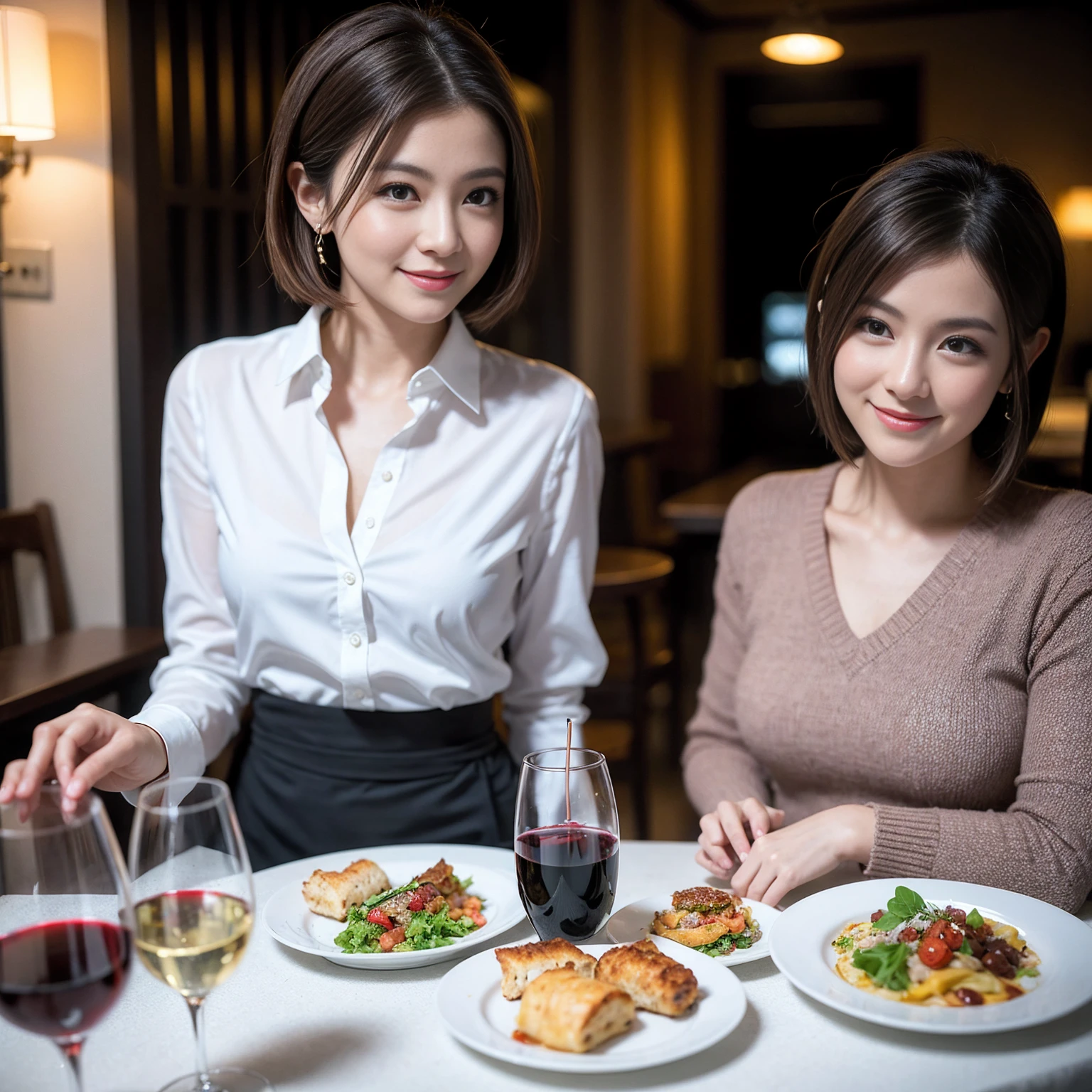 ((Highest quality、8K、masterpiece:1.3))、slimカップル、Pink rubber、modelカップル、(Realistic, Intricate details:1.2), full-course dinner、Wine Party、Amazing view of the sunset sky and clouds、A bright smile、The wonderfulness of smile、Bright image、The beauty of wine, Beautiful Face, blue eyes, The light shines on your face, Blushing, short hair,Bright Face、 (Age 37), Age 34, red wine 、Appetizers、Italian food、Wine bottle、Champagne、sparkling wine、Two beauties、Brown Hair、Shortcuts、Long sleeve shirt、dress、Beautiful woman 1, (slimな顔), (The body is slim), (Brown Hair), (Shortcuts), cheeks turn a little red,Attractive beauty、restaurant, In a prominent place (From the waist up) Nova Frog Style, actress, model, Upper Body, White wine, slim, wine glass, 中央に置かれたwine glass, smile, (smile: 1.15), Beautiful fine grain, Depth f/2,saturation, High Contrast, Strong light and shadow,Moist Body:1.5、3D texture、Delicate eyes、Brown Hair、The hair is very shiny、
