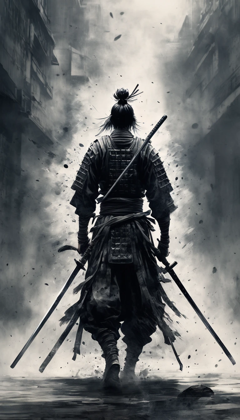 Black and white painting,Ink Painting,splash,Mamba Hair,seppuku,Create a hyper-realistic and cool image of Miyamoto Musashi using his two-sword technique (Katana and Wakizashi). Musashi is in a dynamic battle stance, showcasing his mastery of Niten Ichi-ryu. He wears traditional samurai armor, and the background is a dramatic battlefield with smoky skies, emphasizing the historical context. Highlight his intense focus and determination, capturing the essence of a formidable warrior. Use strong light and shadow contrasts to enhance the dynamic feel of the image.