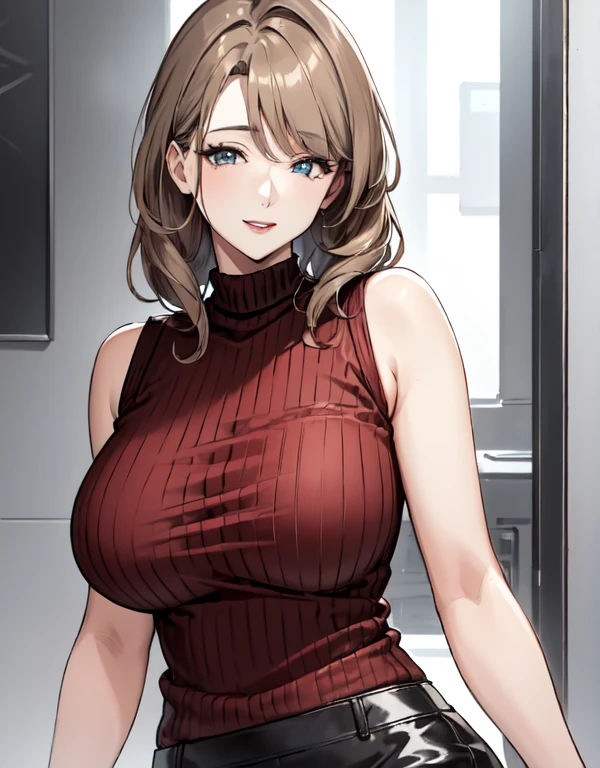 mature female,(large breasts:1.5),(shiny hair),((solo)),((masterpiece)),((best quality)),perfect anatomy,slim waist,perfect image,8k UHD,(beautiful detailed eyes:1.5),extremely detailed face,standing,(upper body:1.3),(look at the front:1.5),arms behindback,ultra-detailed,absurdres,highres,(light brown hair:1.5),((blunt bangs)),erotic lips,((sensitive smile)),sexy mature women,30 years-old,long hair,(black ribbed sweater),sleeveless,mini skirt,