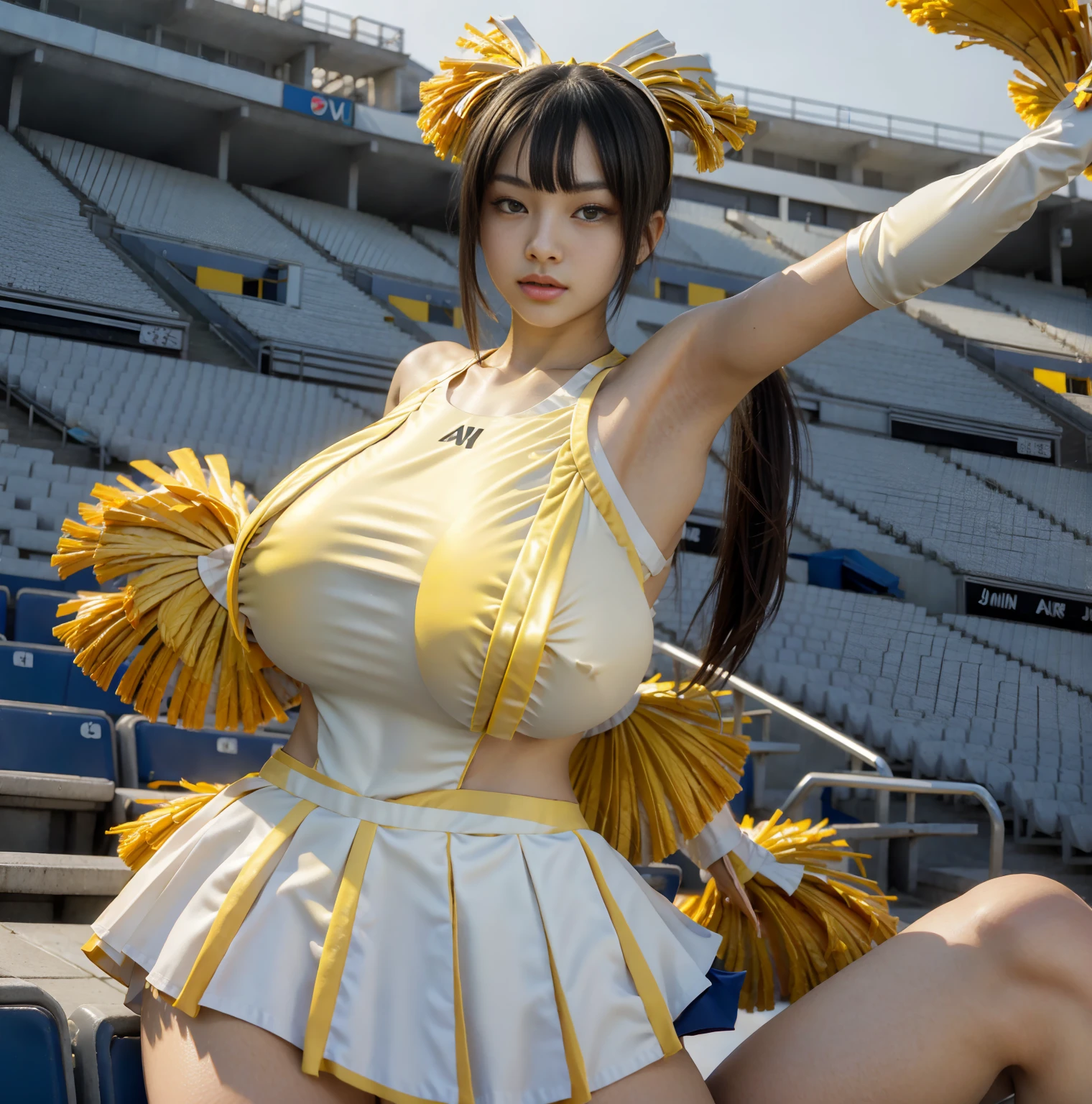 Highest quality,masterpiece,Ultra-high resolution, Very detailed, 8K,a beautiful Japanese woman:1.5, Small face, Black hair ponytail, blunt bangs, Breast Augmentation Surgery, (Yellow and white cheerleader costume:1.5), Stadium seats、 Detailed very smelly armpits