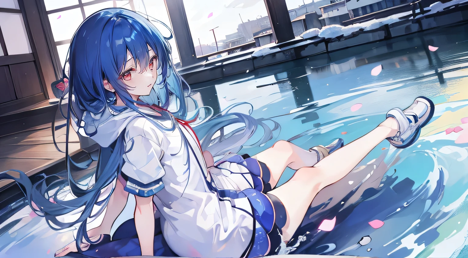 (masterpiece:1.2),Super detailed,lifelike,Expressive eyes,fair skin,perfect face shape,1 girl,
Japanese comics,Gorgeous blue hair,flowing blue hair,flowing clothes,Petals fall,beautiful lola,Baby Angel,
Shaking head with one hand,Cross your legs,Gentle and peaceful background,The pavilion is cool and comfortable,smile, wearing hoodie, background of tokyo,back views,snowing, winter,lie on the water.