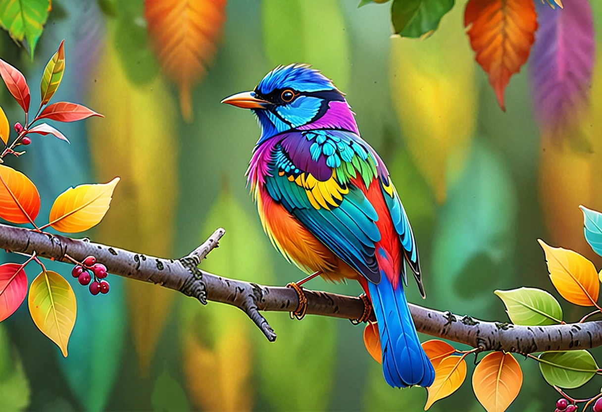 A brightly colored bird perched on a branch with leaves in the background, Digital Painting by Philip Hodas, Shutterstock, Fantasy art, Colorful 8 k, Long colorful bird, Colorful HD images, Beautiful and colorful, Highly detailed digital art in 4K, Vibrant and realistic colors, Colorful feathers, Painted in bright watercolors, Beautiful digital painting