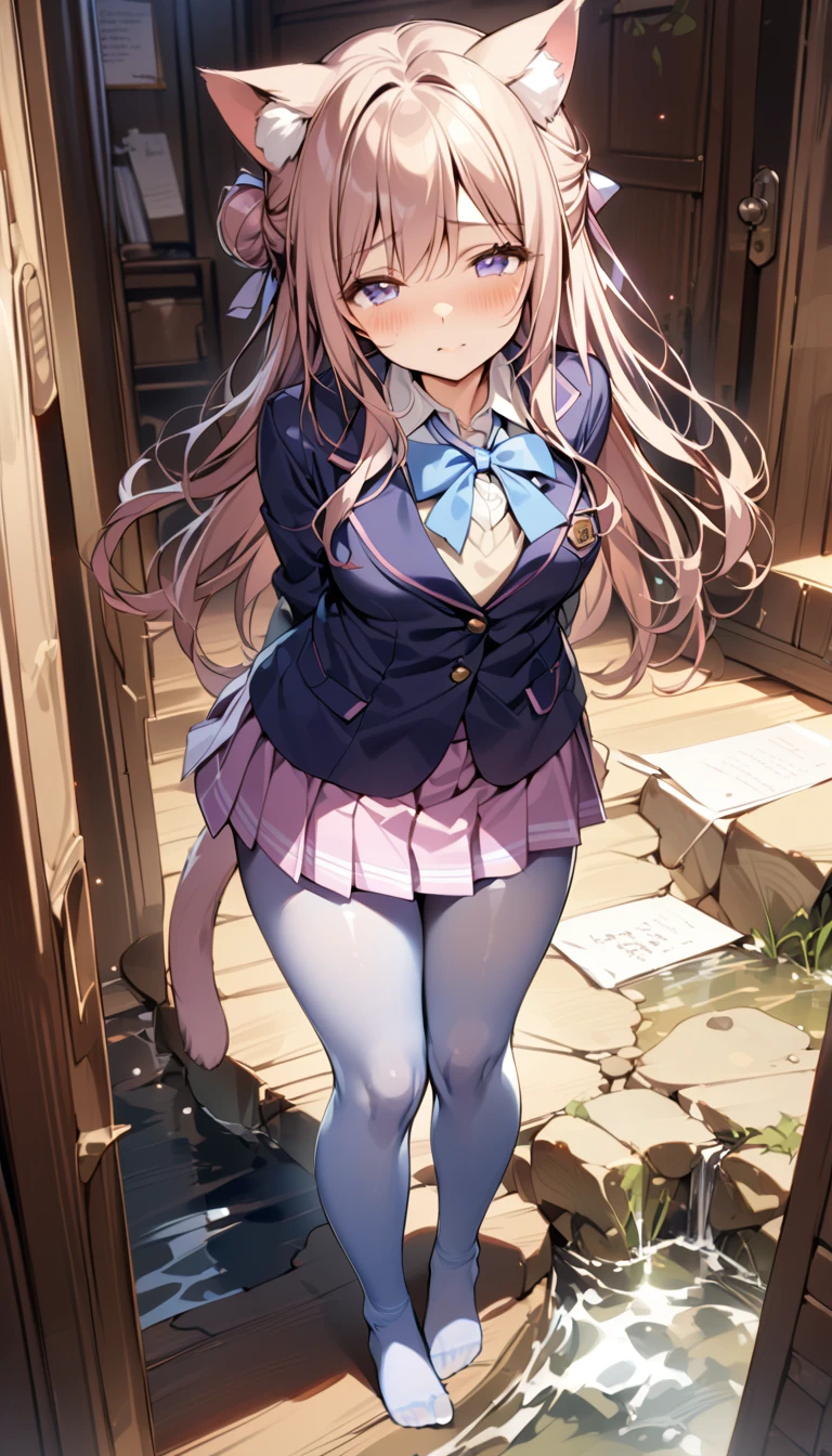 Anime girl with long hair and blue dress standing in doorway - SeaArt AI