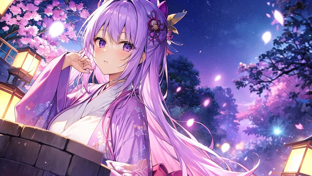 woman clear Light purple hair kimono Anime Style Night garden