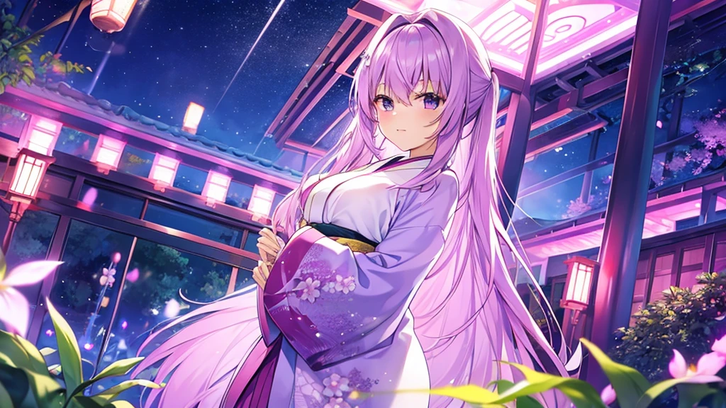 woman clear Light purple hair kimono Anime Style Night garden