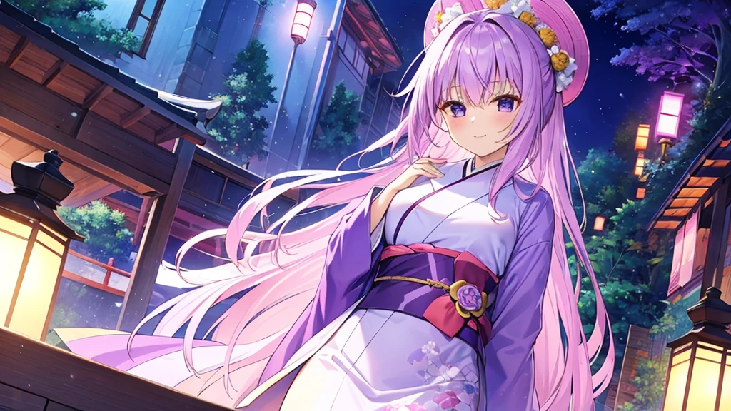 woman　clear　Light purple hair　　kimono　　Anime Style　Night garden