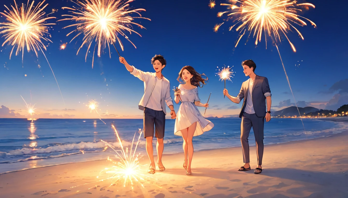 Men and women playing sparklers、beach、