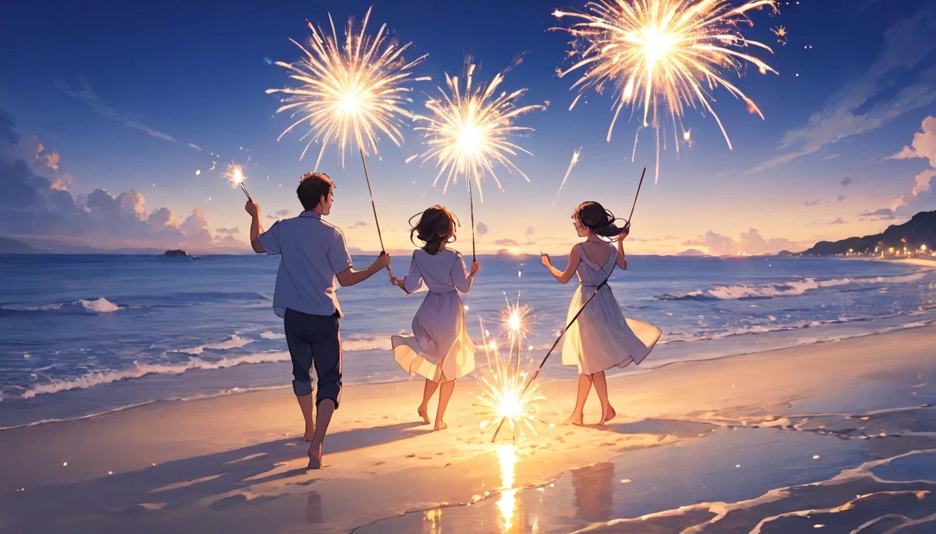 Men and women playing sparklers、beach、