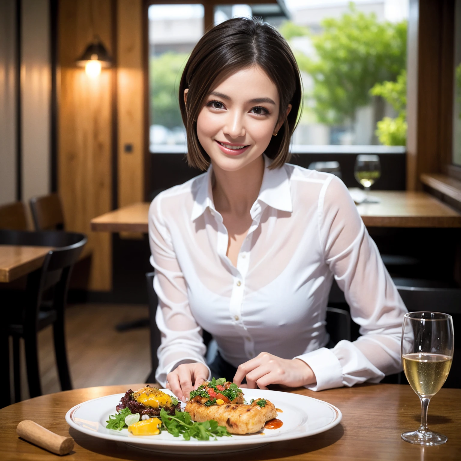 ((Highest quality、8K、masterpiece:1.3))、slimカップル、Pink rubber、modelカップル、(Realistic, Intricate details:1.2), full-course dinner、Wine Party、Amazing view of the sunset sky and clouds、A bright smile、The wonderfulness of smile、Bright image、The beauty of wine, Beautiful Face, blue eyes, The light shines on your face, Blushing, short hair,Bright Face、 (Age 37), 39 years old, red wine 、Appetizers、Italian food、Wine bottle、Champagne、sparkling wine、Two beauties、Brown Hair、Shortcuts、Long sleeve shirt、dress、Beautiful woman 1, (slimな顔), (The body is slim), (Brown Hair), (Shortcuts), cheeks turn a little red,Attractive beauty、restaurant, In a prominent place (From the waist up) Nova Frog Style, actress, model, Upper Body, White wine, slim, wine glass, 中央に置かれたwine glass, smile, (smile: 1.15), Beautiful fine grain, Depth f/2,saturation, High Contrast, Strong light and shadow,Moist Body:1.5、3D texture、Delicate eyes、Brown Hair、The hair is very shiny、