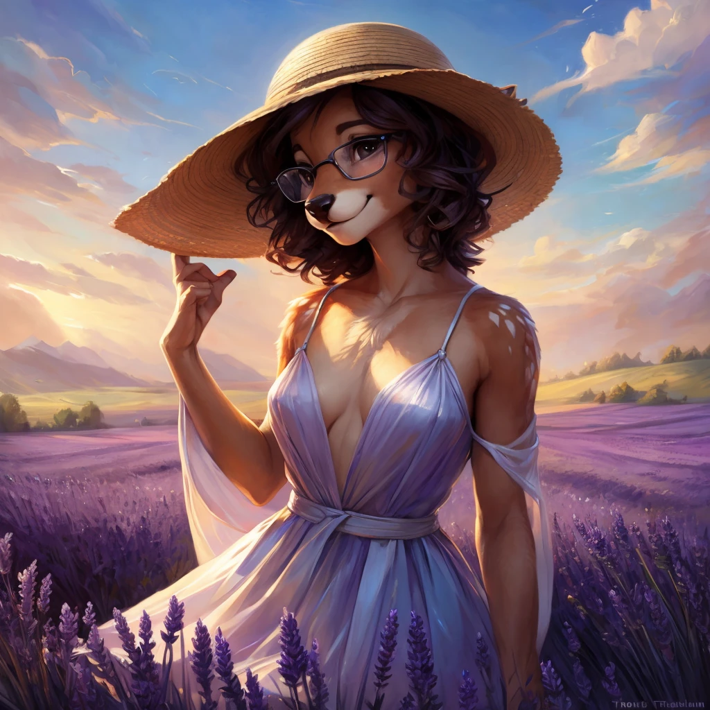 uploaded on e621, by Pixelsketcher, by Bayard Wu, by Thomas Benjamin Kennington , by Einshelm, by hioshiru and kenket, Chunie, portrait, solo anthro female deer doe, with small featureless breasts, clear dark blue, cinematic lighting, day, sunny day, lavender field, stays in a lavender field, lavender field background, mediterranean background, horizon background, shiny, short curly dark brown hair, wears big black nerd glasses, very very beautiful furry art, furry art, smiling, joyful, shiny, happy, feminine, cute face, muzzle, fluffy chest, flawless face, Fallow deer, 1girl, Sakimichan is beautiful, Masterpiece, Wavethesallow Face, shiny, Detailed image, portrait, Detailed image, portrait, full body, wearing pure white and wide spaghetti straps dress, wearing big and wide beige summer straw hat, shiny, realistic face, perfect anatomy, hourglass body, (furry body:1.1), anthropomorphic deer, looks at the viewer, small fluffy tail, detailed background, (cute anatomy:1.1), stands in a lavender field