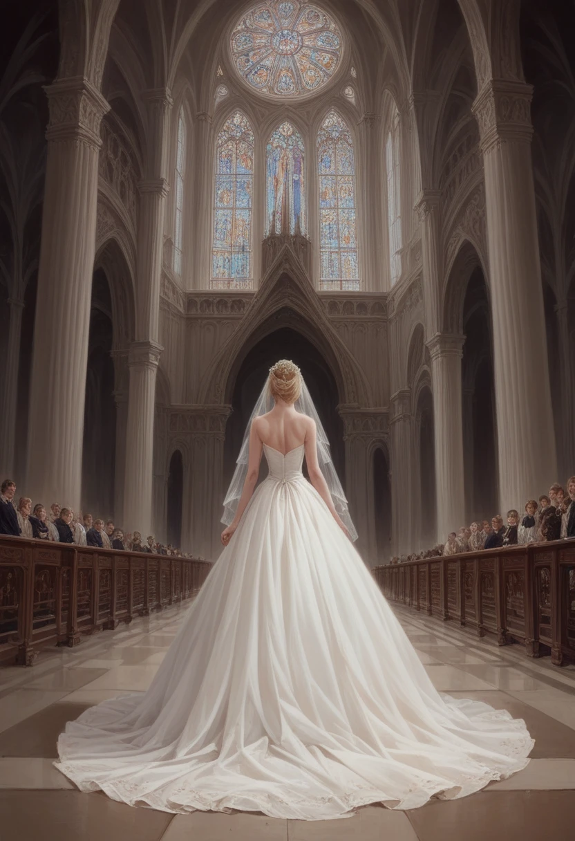 hyperrealistic art cinematic film still lower angle photography in the style of detailed hyperrealism photoshoot . (beautiful wedding dress walking towards) Extremely high-resolution details, photographic, realism pushed to extreme, fine texture, incredibly, very tall blonde woman in cathedral