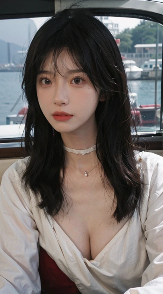 best qualtiy，tmasterpiece，Ultra-high resolution，（realisticlying：1.4），1girll，Large wavy curls，double eyelid，A pair of peach blossom eyes，choker necklace，Raised sexy，Snow-white translucent skin，head straight-looking at viewer，on the yacht，Full of atmosphere，Cleavage is seductive，，（red dress：1.8），（The upper part of the body：1.4），