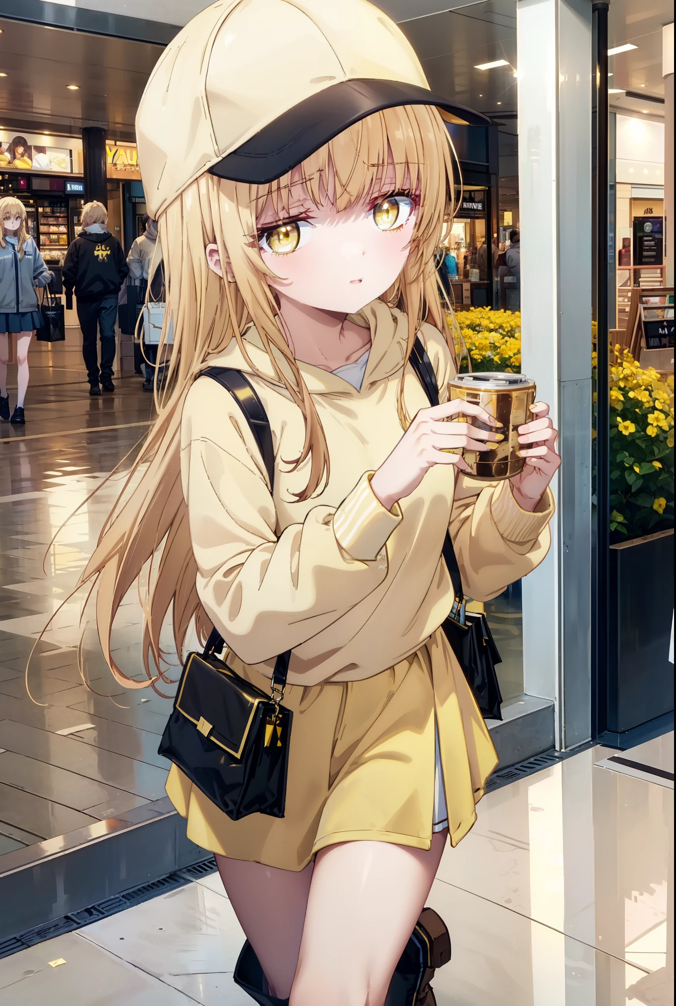 mahirushiina, Mahiru Shiina, bangs, Blonde, Brown Hair, (Yellow Eyes:1.3), smile,Open your mouth,Baseball cap,Oversized yellow hoodie,Short sleeve,mini skirt,black tights,short boots,Walking,Clear skies,Daytime,
break indoors,Shopping mall,
break looking at viewer, whole body,
break (masterpiece:1.2), Highest quality, High resolution, unity 8k wallpaper, (shape:0.8), (Fine and beautiful eyes:1.6), Highly detailed face, Perfect lighting, Highly detailed CG, (Perfect hands, Perfect Anatomy),