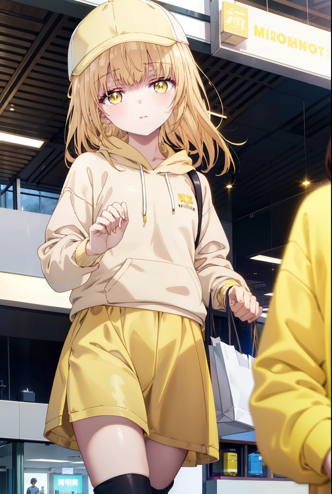 mahirushiina, Mahiru Shiina, bangs, Blonde, Brown Hair, (Yellow Eyes:1.3), smile,Open your mouth,Baseball cap,Oversized yellow hoodie,Short sleeve,mini skirt,black tights,short boots,Walking,Clear skies,Daytime,
break indoors,Shopping mall,
break looking at viewer, whole body,
break (masterpiece:1.2), Highest quality, High resolution, unity 8k wallpaper, (shape:0.8), (Fine and beautiful eyes:1.6), Highly detailed face, Perfect lighting, Highly detailed CG, (Perfect hands, Perfect Anatomy),