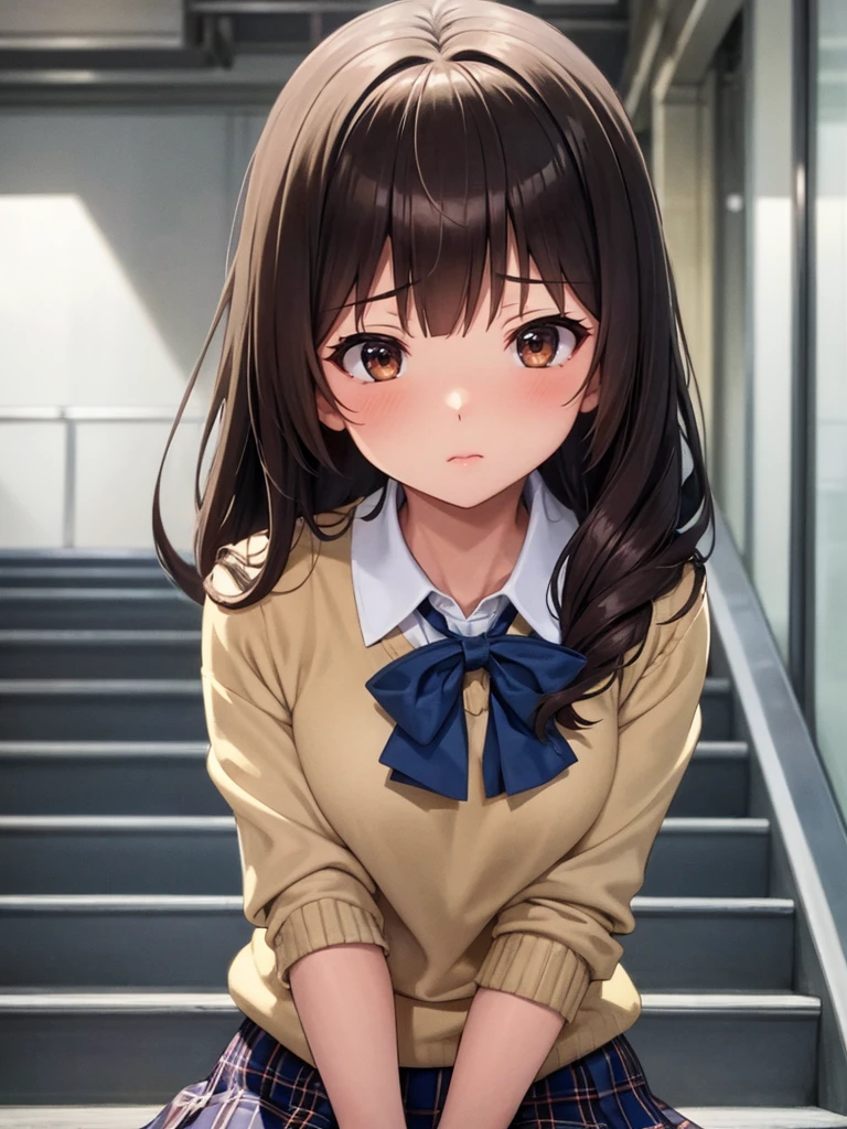 master piece, extremely detailed, high resolution,Makoto Shinkai style、high school girl、1 girl、Upper body only、Short-sleeved shirt、Blue bow tie、Glossy, plump lips、Shiny Hair、Brown Hair、Long Straight Hair、Mid-chest、Narrow waist、Checkered mini skirt、Climbing an escalator、Backwards、Looking up from below、Skirt is held back、Panties are visible under the skirt、Embarrassed look、Looking at me shyly、Red cheeks、