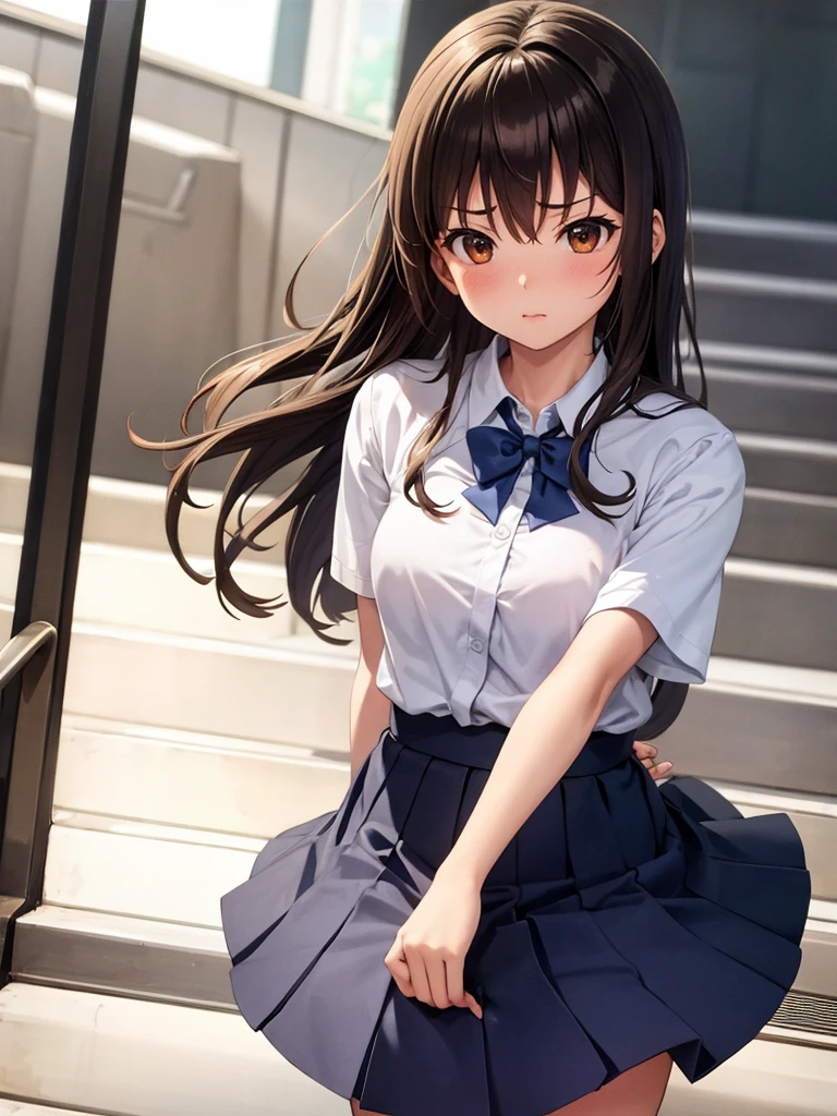 master piece, extremely detailed, high resolution,Makoto Shinkai style、high school girl、1 girl、Upper body only、Short-sleeved shirt、Blue bow tie、Glossy, plump lips、Shiny Hair、Brown Hair、Long Straight Hair、Mid-chest、Narrow waist、Checkered mini skirt、Climbing an escalator、Backwards、Looking up from below、Skirt is held back、Panties are visible under the skirt、Embarrassed look、Looking at me shyly、Red cheeks、