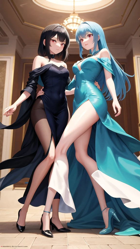 masterpiece, best quality, highres, rimuru tempest, blue hair, RED EYES, long hair, medium breasts, an adult girl, wears a very elegant, long midnight blue velvet dress for a gala dinner. The dress features an off-the-shoulder neckline and a high slit that reveals her leg, accentuating her graceful figure. She wears beautiful evening makeup, enhancing her natural beauty. Beside her is another girl with loose black hair and straight bangs, her eyes and dress a stunning emerald green. The green dress flows elegantly as they dance together in the middle of a lavish gala dinner, creating a captivating scene. Full body image, full body image, kind and generous nature, happy, SOLO, ,