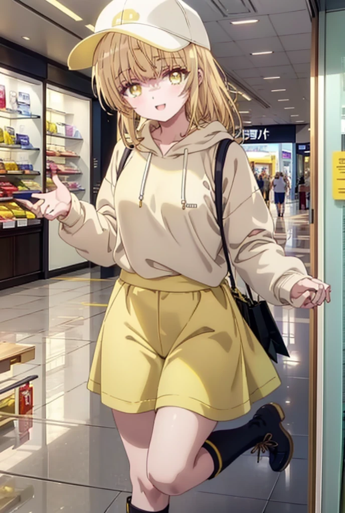 mahirushiina, Mahiru Shiina, bangs, Blonde, Brown Hair, (Yellow Eyes:1.3), happy smile, smile, Open your mouth,Open your mouth,Baseball cap,Oversized yellow hoodie,Short sleeve,mini skirt,black tights,short boots,Walking,Clear skies,Daytime,
break indoors,Shopping mall,
break looking at viewer, whole body,
break (masterpiece:1.2), Highest quality, High resolution, unity 8k wallpaper, (shape:0.8), (Fine and beautiful eyes:1.6), Highly detailed face, Perfect lighting, Highly detailed CG, (Perfect hands, Perfect Anatomy),