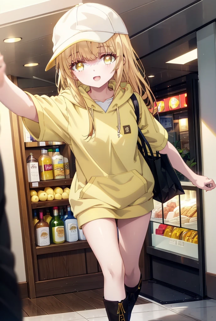 mahirushiina, Mahiru Shiina, bangs, Blonde, Brown Hair, (Yellow Eyes:1.3), happy smile, smile, Open your mouth,Open your mouth,Baseball cap,Oversized yellow hoodie,Short sleeve,mini skirt,black tights,short boots,Walking,Clear skies,Daytime,
break indoors,Shopping mall,
break looking at viewer, whole body,
break (masterpiece:1.2), Highest quality, High resolution, unity 8k wallpaper, (shape:0.8), (Fine and beautiful eyes:1.6), Highly detailed face, Perfect lighting, Highly detailed CG, (Perfect hands, Perfect Anatomy),