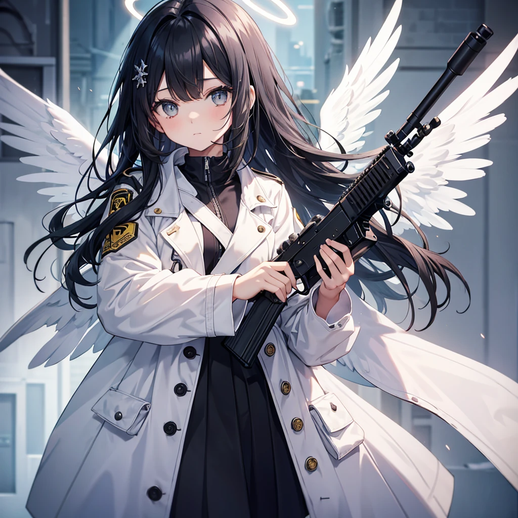 -year-olrl，Bl hair，White trench coat，Holding a rifle，Halo，Angel Wings