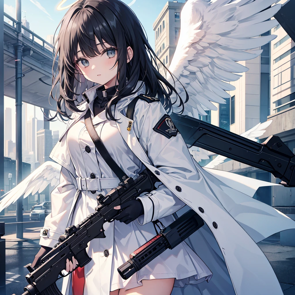 Sixteen-year-old girl,Black hair,White trench coat,Holding a rifle,Halo,Angel Wings