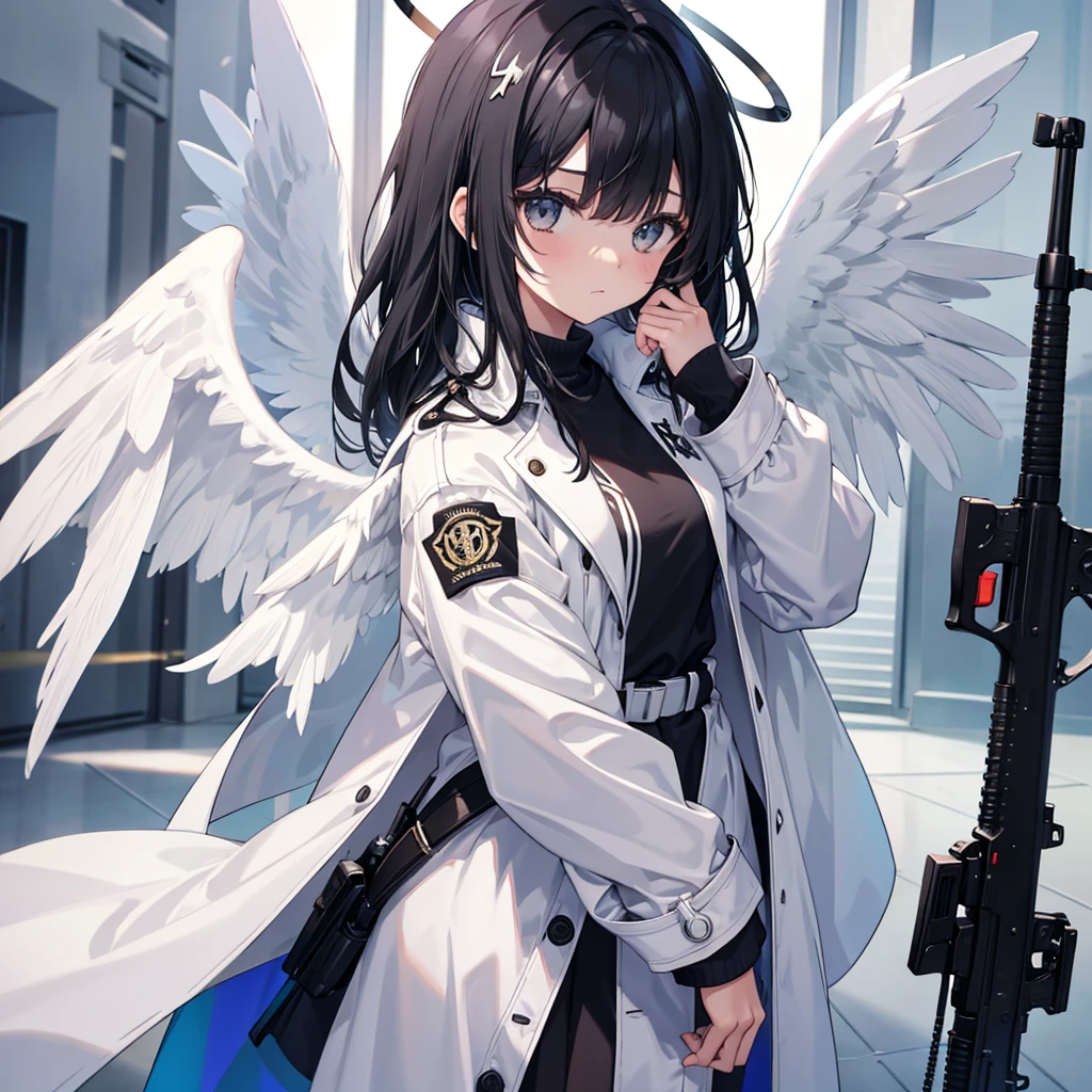 Sixteen-year-old girl，Black hair，White trench coat，Holding a rifle，Halo，Angel Wings