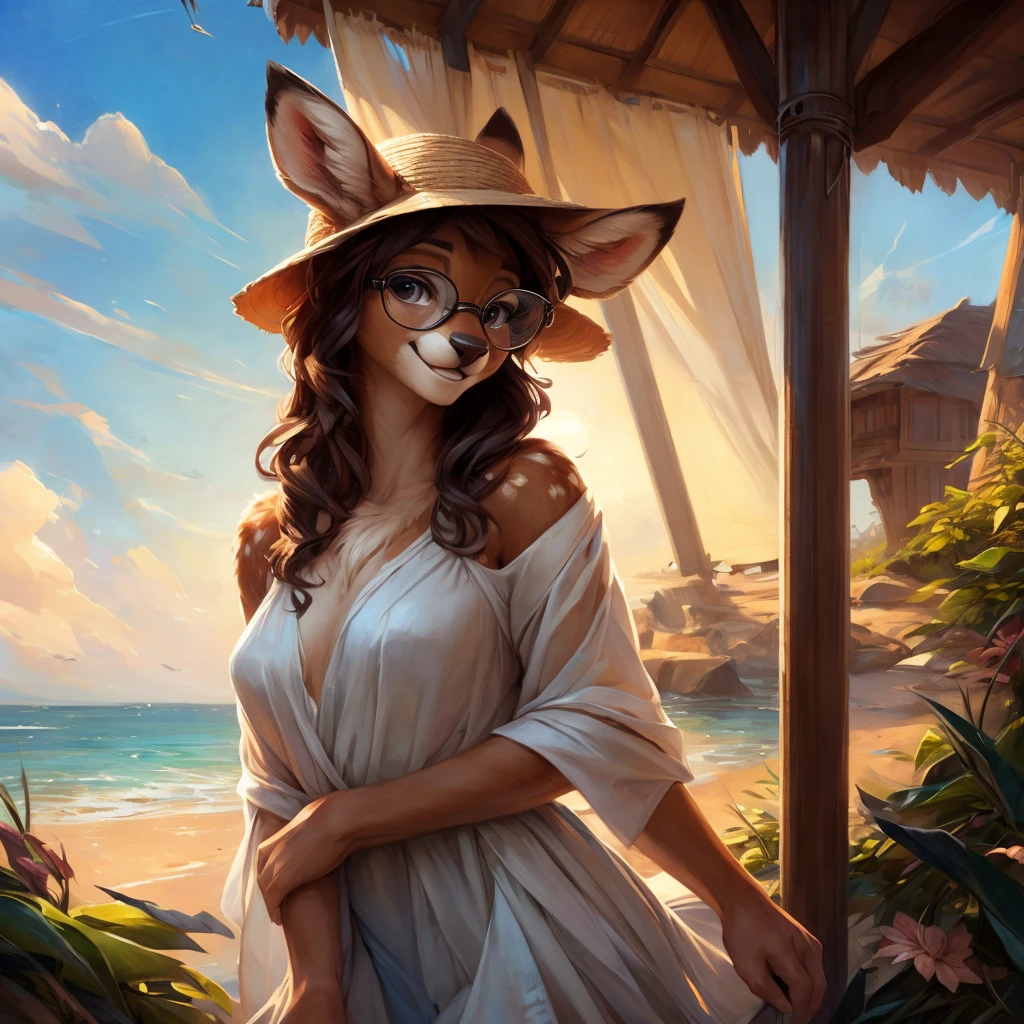 uploaded on e621, by Pixelsketcher, by Bayard Wu, by Thomas Benjamin Kennington , by Einshelm, by hioshiru and kenket, Chunie, portrait, solo anthro female deer doe, with small featureless breasts, clear dark blue, cinematic lighting, day, sunny day, beach, stays in the sea, sea background, mediterranean background, horizon background, shiny, short curly dark brown hair, wears big black nerd glasses, very very beautiful furry art, furry art, smiling, joyful, shiny, happy, feminine, cute face, muzzle, fluffy chest, flawless face, Fallow deer, 1girl, Sakimichan is beautiful, Masterpiece, Wavethesallow Face, shiny, Detailed image, portrait, Detailed image, portrait, full body, wearing wide, long, white blouse, wearing big and wide beige summer straw hat, shiny, realistic face, perfect anatomy, hourglass body, (furry body:1.1), anthropomorphic deer, looks at the viewer, small fluffy tail, detailed background, (cute anatomy:1.1), windy