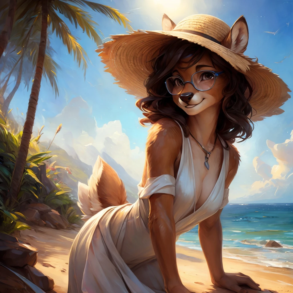 uploaded on e621, by Pixelsketcher, by Bayard Wu, by Thomas Benjamin Kennington , by Einshelm, by hioshiru and kenket, Chunie, portrait, solo anthro female deer doe, with small featureless breasts, clear dark blue, cinematic lighting, day, sunny day, beach, stays in the sea, sea background, mediterranean background, horizon background, shiny, short curly dark brown hair, wears big black nerd glasses, very very beautiful furry art, furry art, smiling, joyful, shiny, happy, feminine, cute face, muzzle, fluffy chest, flawless face, Fallow deer, 1girl, Sakimichan is beautiful, Masterpiece, Wavethesallow Face, shiny, Detailed image, portrait, Detailed image, portrait, full body, wearing wide, long, white blouse, wearing big and wide beige summer straw hat, shiny, realistic face, perfect anatomy, hourglass body, (furry body:1.1), anthropomorphic deer, looks at the viewer, small fluffy tail, detailed background, (cute anatomy:1.1), windy
