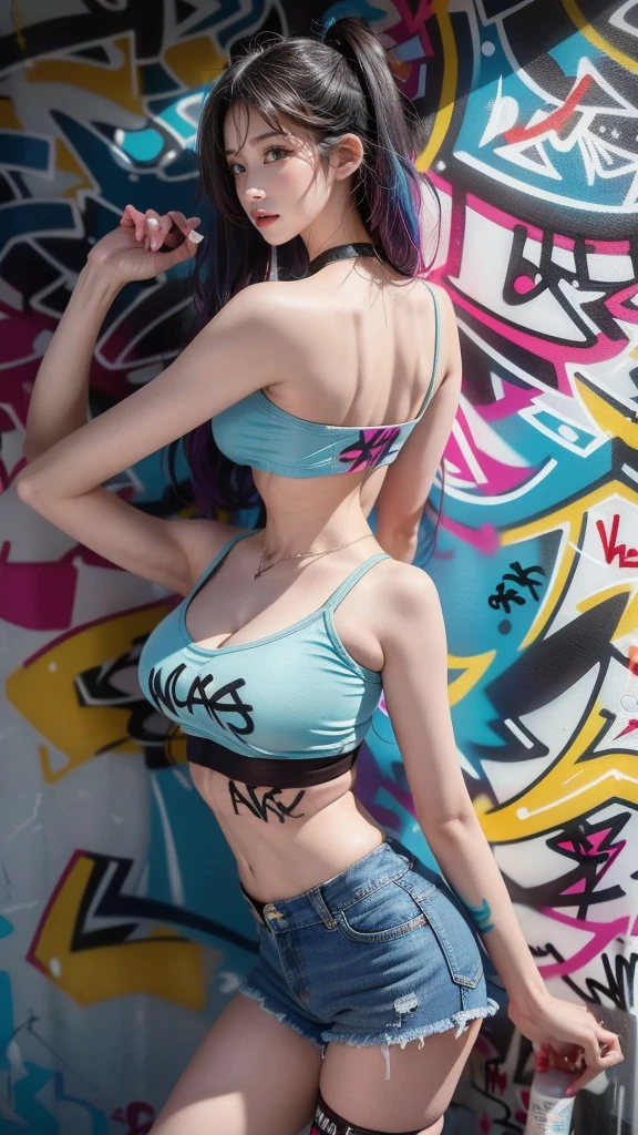 masterpiece, best quality, 1 girl, alone, crop top, Denim shorts, collar, (Graffiti:1.5), paint splatter, Put your arms behind your back, against the wall, looking at the audience, armband, thigh strap, Apply to body, head tilt, boring, colorful hair, aqua eyes, earphone,