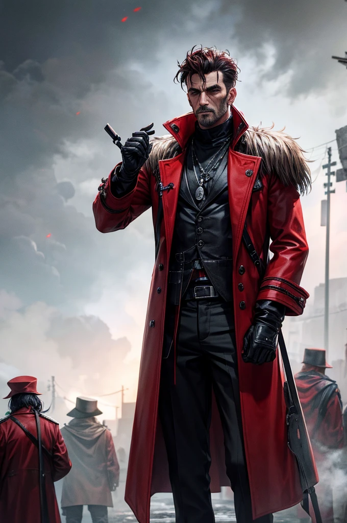 group of rugged and rough-looking gangsters dark atmosphere, red coats