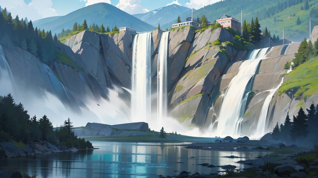 An illustration of a hydroelectric power station nestled in a mountainous region with a cascading waterfall and a serene lake.