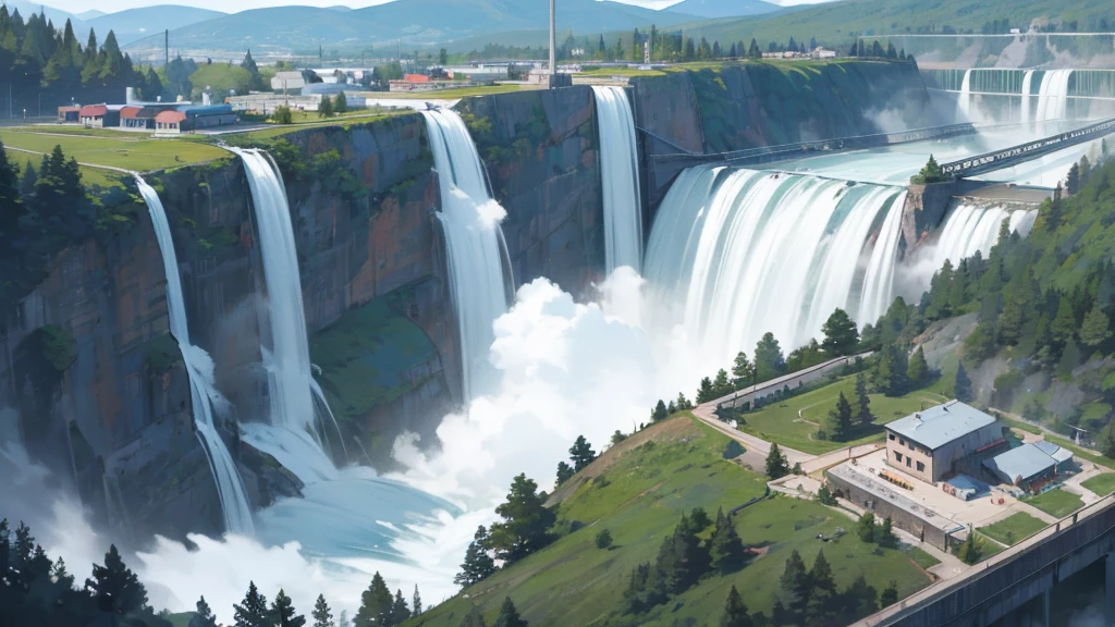 An illustration of a hydroelectric power station nestled in a mountainous region with a cascading waterfall and a serene lake.