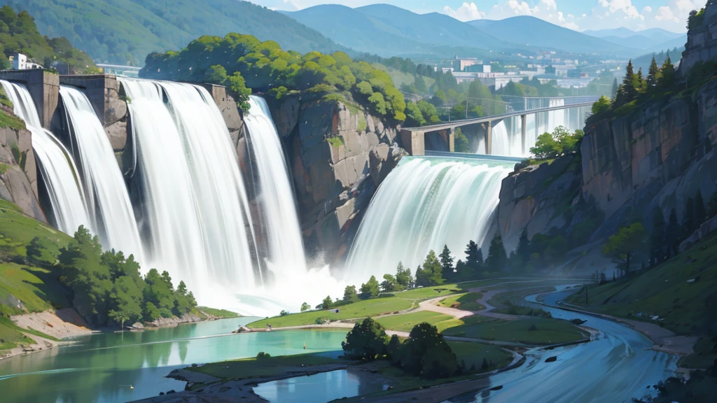 An illustration of a hydroelectric power station nestled in a mountainous region with a cascading waterfall and a serene lake.
