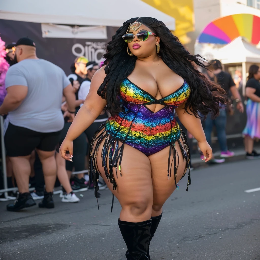 araffe dressed in a rainbow dress and black boots walking down the street, bold rave outfit, rave outfit, beautiful thick female, gorgeous woman, wild rave outfit, nicki minaj curvy, voluptuous body, pride parade, lizzo, stunning woman, cute rave outfit, thick body, intricate outfit, curvy body, gorgeous lady, curvy hourglass figure