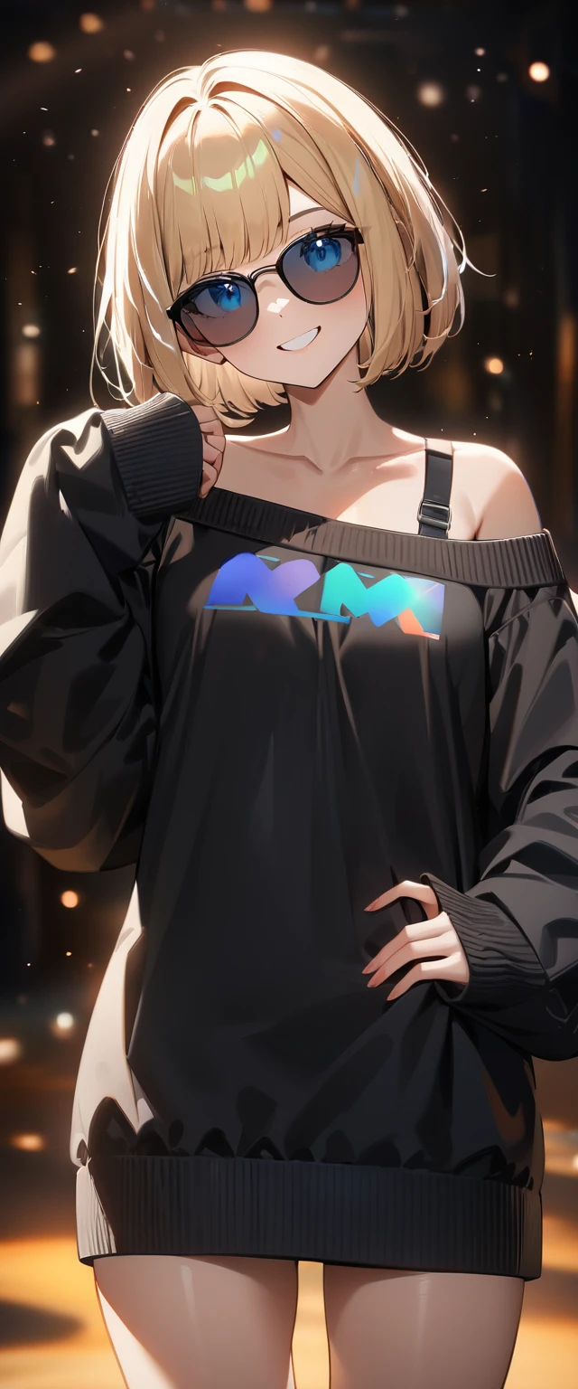 (((One girl))), blond hair, ((sunglasses, hand to sunglasses)), ((one hand on hip)), (bob cut:1.3)), breasts, cleavage, (cowboy shot), standard body, (looking at viewer), oversized clothes, puffy long sleeves, collarbone, ((off-shoulder knit sweater dress:1.3, Quite thick shoulder straps)), (((sleeves past wrists:1.3))), ((black sweater)), ager, head tilt:1.3, (((blue eye))), ((happy smile)), (((anime style))), (best quality, 4k, 8k, highres, masterpiece:1.2, ultra-detailed, ultra-detailed eyes, HDR, UHD, studio lighting, ultra-fine painting, sharp focus, physically-based rendering, extreme detail description, professional, vivid colors, bokeh), ((Highest quality, Best image quality, Ultra-high resolution, Ultra-high resolution, solo, Strong eye highlights)), Depth of written boundary, Natural soft light, attractive, Beautiful Face, Cleanliness, Pure Face, nedium chest, Beautiful Face, Perfect Fingers, Perfect hands, Perfect body, Perfect Face, Shine a light into your eyes, Perfect Anatomy