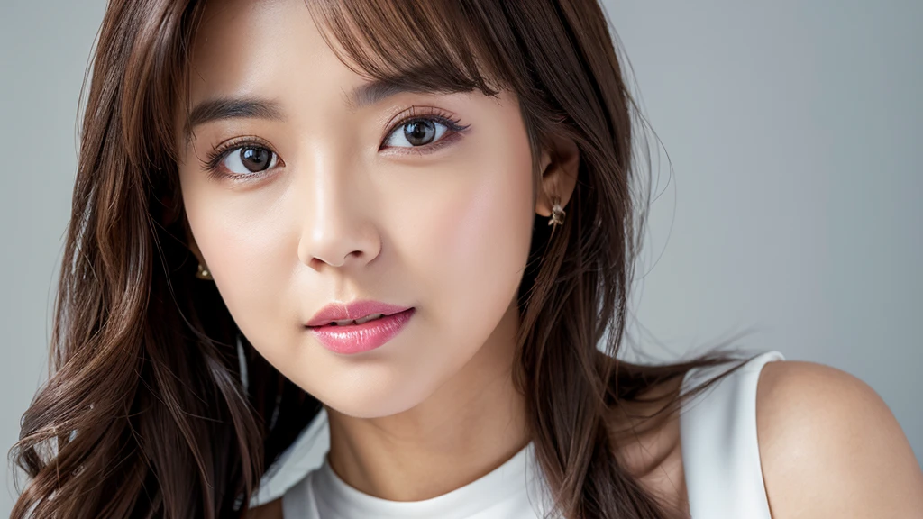 (Detailed face),vivid,chest,cute,A silky white dress with sleeveless top and turtleneck,4K,Ultra-high resolution,(Photorealistic:1.7),Gray background,Long Hair、