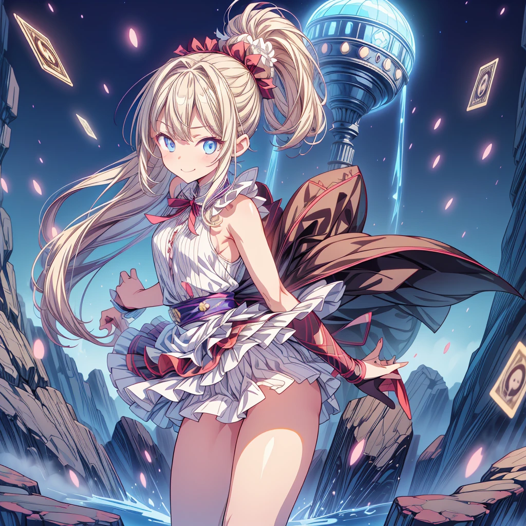(Tabletop, Highest quality、Super detailed、Super detailedな目), (Perfect athletic body:1.2), (Fine hair), Super detailed, Anime Style, whole body, alone, Fantasy Blonde Hair, Blue Eyed Girl, Apron dress like Alice in Wonderland, Playing cards with your hands, Red Hairband, Black-purple miasma swirls, There are many whispers of the floating black devil, Nightmarish sights, Standing in the Wilderness, High heel boots, Digital Painting, 8K high resolution, Trend Art Station, whole body, Bad smile,background_Distorted clock:1.5、kawaii tech、