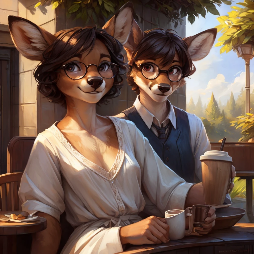 uploaded on e621, by Pixelsketcher, by Bayard Wu, by Thomas Benjamin Kennington , by Einshelm, by hioshiru and kenket, Chunie, portrait, solo anthro female deer doe, tiny featureless breasts, tiny breasts, clear dark blue, cinematic lighting, day, sunny day, sitting outside at a café, café background, french background, old french background, shiny, short curly dark brown hair, short hair, wears big black nerd glasses, very very beautiful furry art, furry art, thoughtful, shiny, feminine, cute face, muzzle, fluffy chest, flawless face, Fallow deer, 1girl, Sakimichan is beautiful, Masterpiece, Wavethesallow Face, shiny, Detailed image, portrait, Detailed image, portrait, wears pure white wide, big blouse, wears beige summer straw hat, shiny, realistic face, perfect anatomy, hourglass body, anthropomorphic deer, happy, very happy, small ears, huge black nerd glasses, wide happy eyes, look at viewer, smiles, big smile, holds big cup of coffee, hourglass body, (furry body:1.1), anthropomorphic deer, small fluffy tail, detailed background, (cute anatomy:1.1), looks into the distance
