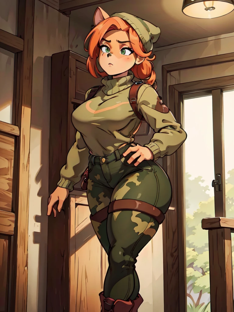 (best quality,4k,8k,highres,masterpiece:1.2),ultra-detailed,realistic:1.37,portrait, sancy anthro bandicoot girl redhead, braided hair, beautiful green eyes,  sexy ,seductive, warm sweater, beanie-balaclava, camouflage pants, army boots, , cozy lighting, vibrant colors ,girl anthro , sweater, beanie-balaclava, camouflage pants, army boots, hants to pants zip up