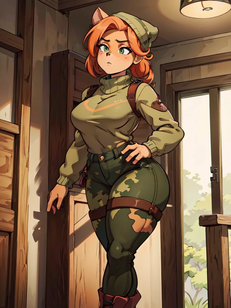 (best quality,4k,8k,highres,masterpiece:1.2),ultra-detailed,realistic:1.37,portrait, sancy anthro bandicoot girl redhead, braided hair, beautiful green eyes, sexy ,seductive, warm sweater, beanie-balaclava, camouflage pants, army boots, , cozy lighting, vibrant colors ,girl anthro , sweater, beanie-balaclava, camouflage pants, army boots, hants to pants zip up