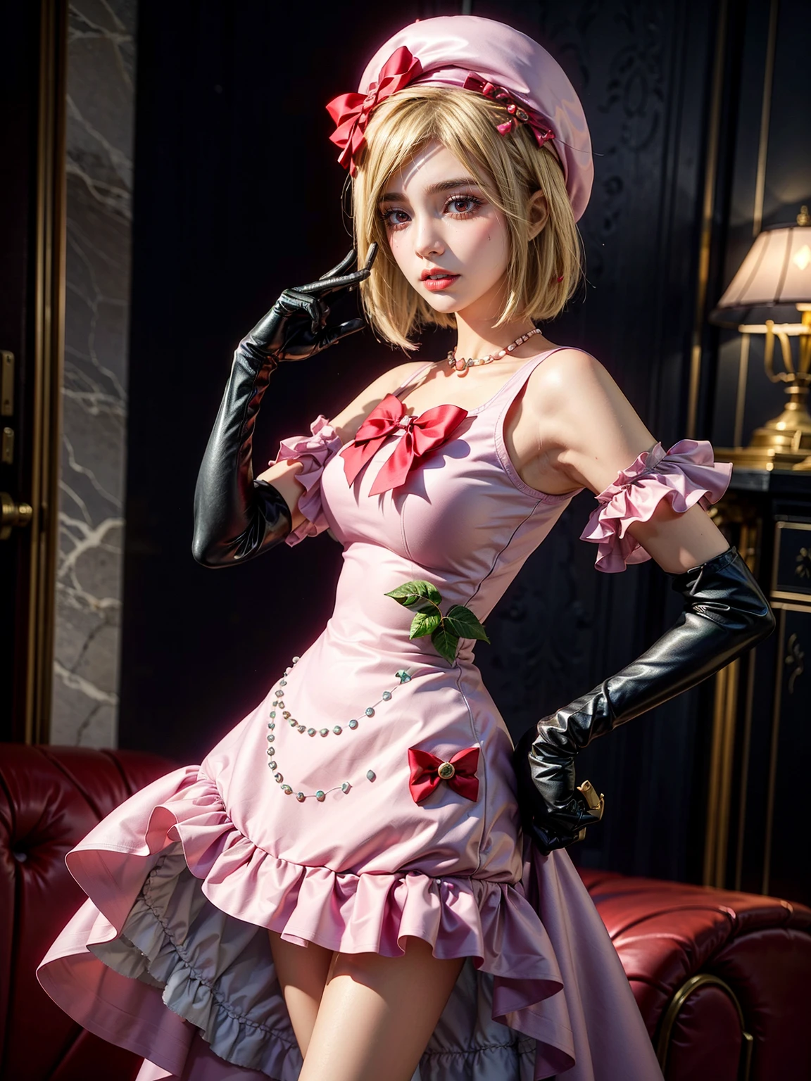 (1 lady), The beautiful, (Best quality at best:1.4), (ultra - detailed), (extremely detailed CG unified 16k), gold blonde hair, very detailed, High-definition RAW color photo, professional photoshooting, amazing face and eyes, cosmetics, (amazingly beautiful girl), ((lambdadelta, tall woman, taller)), ((dress, red bow, pink hat, necklace, gloves, pearl, pink dress)), standing, realistic cinematic face, photo portrait, upper body (shoulders to head), photorealistic, ((realistic natural blonde hair style, red eyes)), gorgeous, extremely beautiful face, perfect model beauty, pout mouth, flirting smile, cleavages, city girl, western, (masterpiece), best quality, high resolution, extremely detailed, blurred background, depth of field, cinematic lighting, clear and well-cared skin