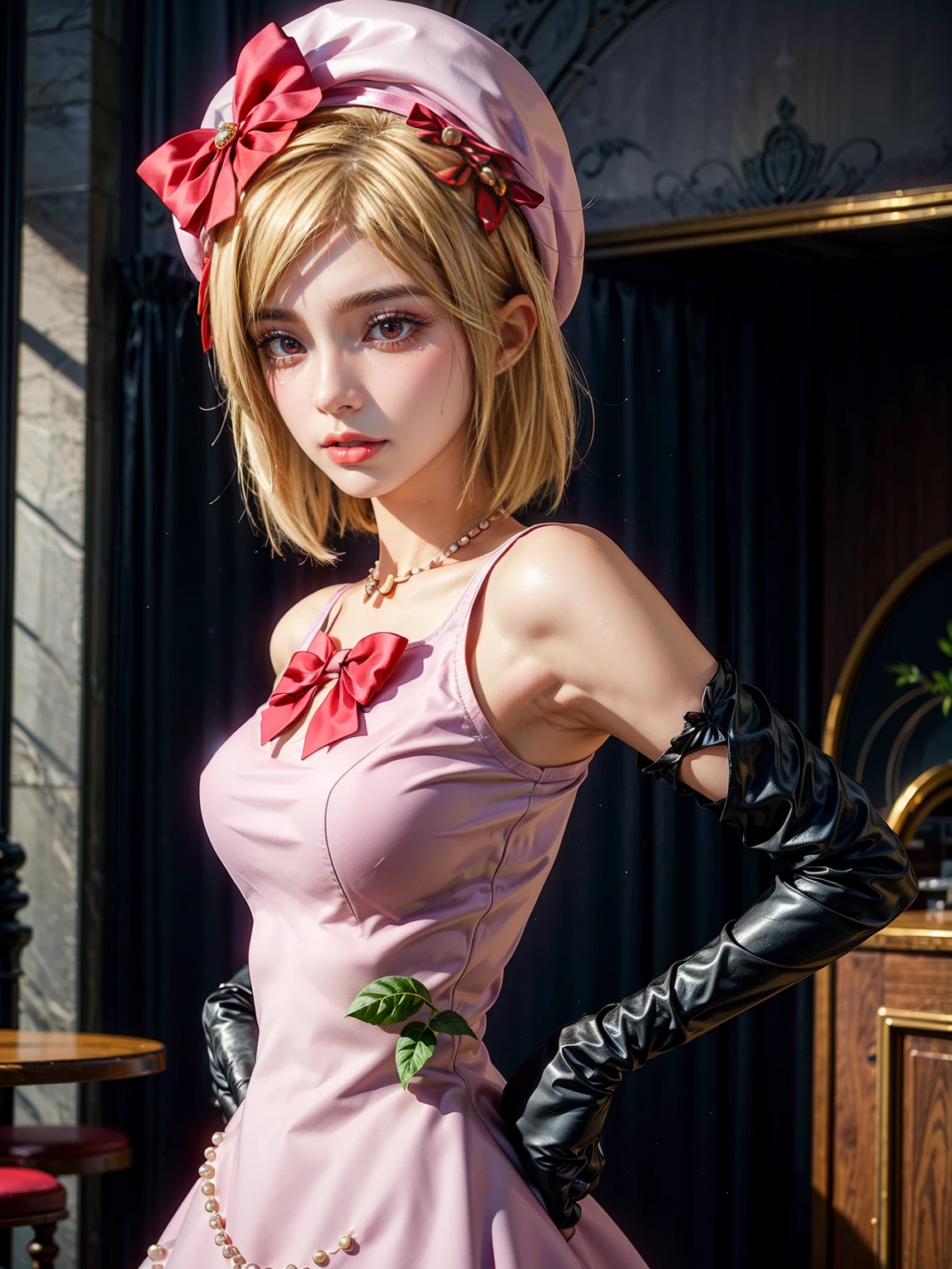 (1 lady), The beautiful, (Best quality at best:1.4), (ultra - detailed), (extremely detailed CG unified 16k), gold blonde hair, very detailed, High-definition RAW color photo, professional photoshooting, amazing face and eyes, cosmetics, (amazingly beautiful girl), ((lambdadelta, tall woman, taller)), ((dress, red bow, pink hat, necklace, gloves, pearl, pink dress)), standing, realistic cinematic face, photo portrait, upper body (shoulders to head), photorealistic, ((realistic natural blonde hair style, red eyes)), gorgeous, extremely beautiful face, perfect model beauty, pout mouth, flirting smile, cleavages, city girl, western, (masterpiece), best quality, high resolution, extremely detailed, blurred background, depth of field, cinematic lighting, clear and well-cared skin