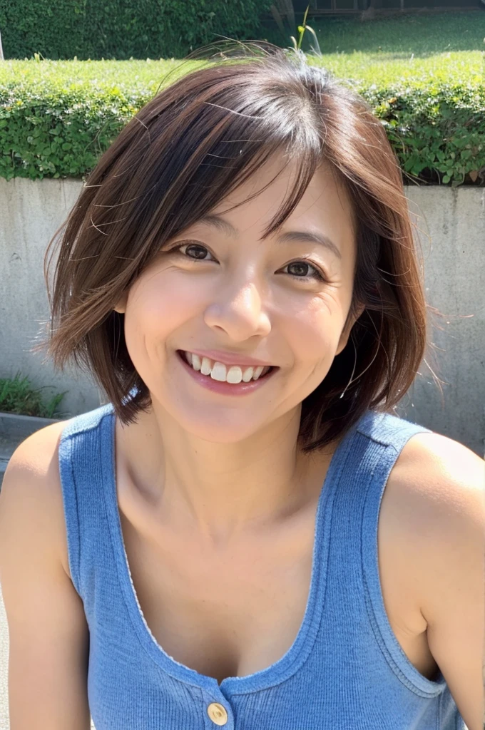 48 years old Big Breasts woman A kind smile Big eyes Front teeth Short Bob Hair Japanese classmate