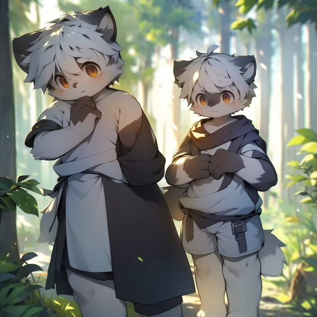author:jrjresq, author:kirito, Libido boy, furry raccoon, chiby, Black and white hair, Very good figure, Handsome, adolable, Light:Hazy light and shadow, Reflective skin, Reddish skin, worn-out clothing,Commoner, beachside,standing on the rock,sandbeach,solo person,solo,1doy, Outdoor sunset, the detail, depth of fields, Libido boy,chiby