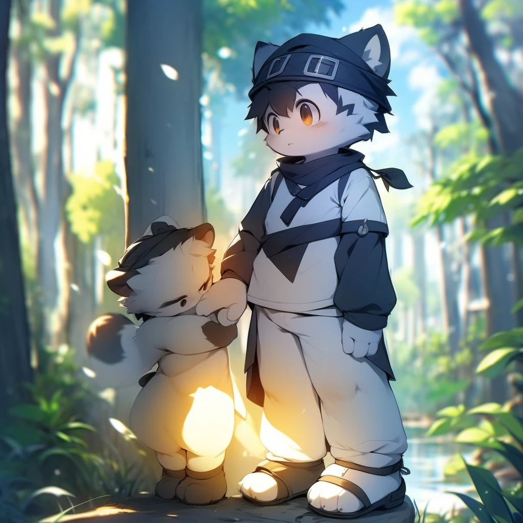author:jrjresq, author:kirito, Libido boy, furry raccoon, chiby, Black and white hair, Very good figure, Handsome, adolable, Light:Hazy light and shadow, Reflective skin, Reddish skin, worn-out clothing,Commoner, beachside,standing on the rock,sandbeach,solo person,solo,1doy, Outdoor sunset, the detail, depth of fields, Libido boy,chiby
