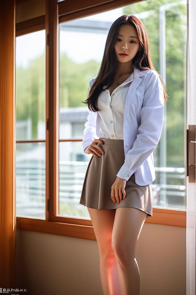 the most beautiful actress in the world, she is 18 years old, the perfect body proportions of this girl, tight blazer is firmly closed on formal shirt which is worn on her upper body, it's difficult for short skirt to cover panties between her bare legs because it is too short, her bare thighs, standing, window, clear sky, nsfw, best quality, highly detailed, masterpiece, ultra high res, photo realistic, 8k