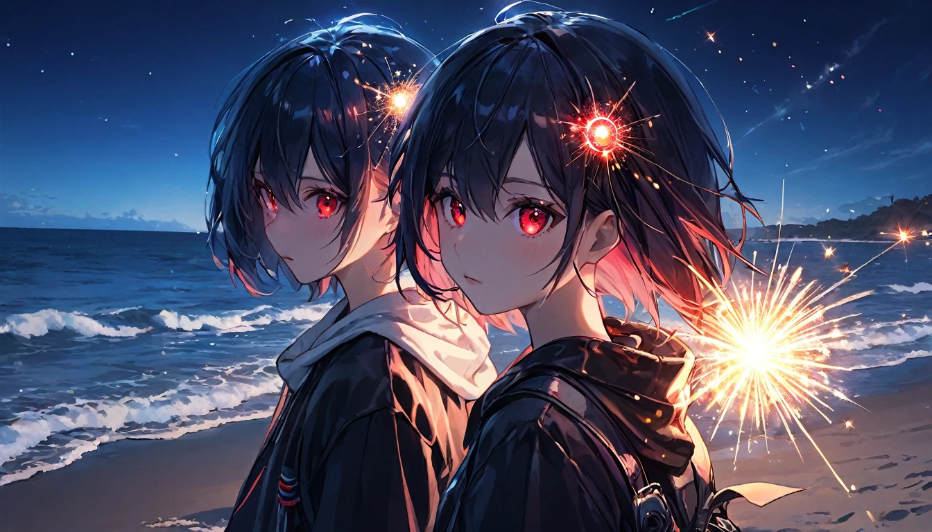 Sparklerをする男女、teenager、cyber punk、Red eyes、Glowing Eyes、Beach、Sparkler