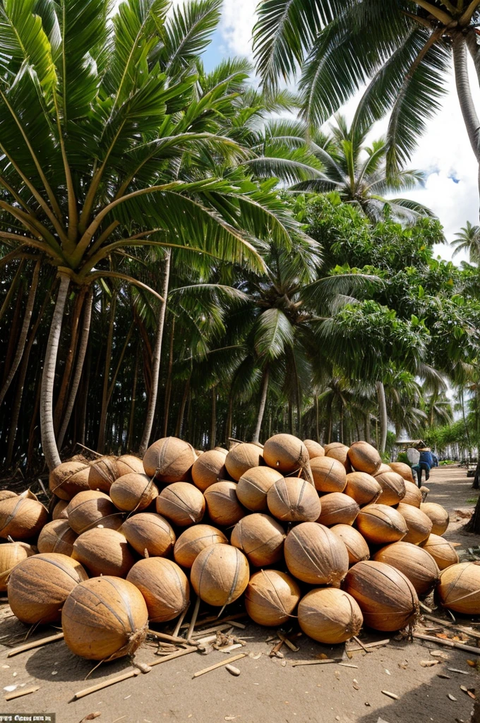 several coconuts are piled at the base of a coconut tree.there are some dry coconut leaf fronds around the coconut fruit