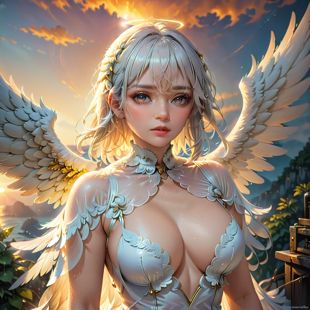 (half body image: 2.0), a young and beautiful angel, clad in white sheer clothing with ideal proportions, short white hair, and translucent skin, descending from a very beautiful sunset sky, (large angel wings spread:1.5), (best quality,4k,8k,highres,masterpiece:1.2),ultra-detailed,(realistic,photorealistic,photo-realistic:1.37),HDR,UHD,studio lighting,ultra-fine painting,sharp focus,physically-based rendering,extreme detail description,professional,vivid colors,bokeh,digital art,fantasy,highly detailed,cinematic lighting,dramatic lighting,dramatic composition