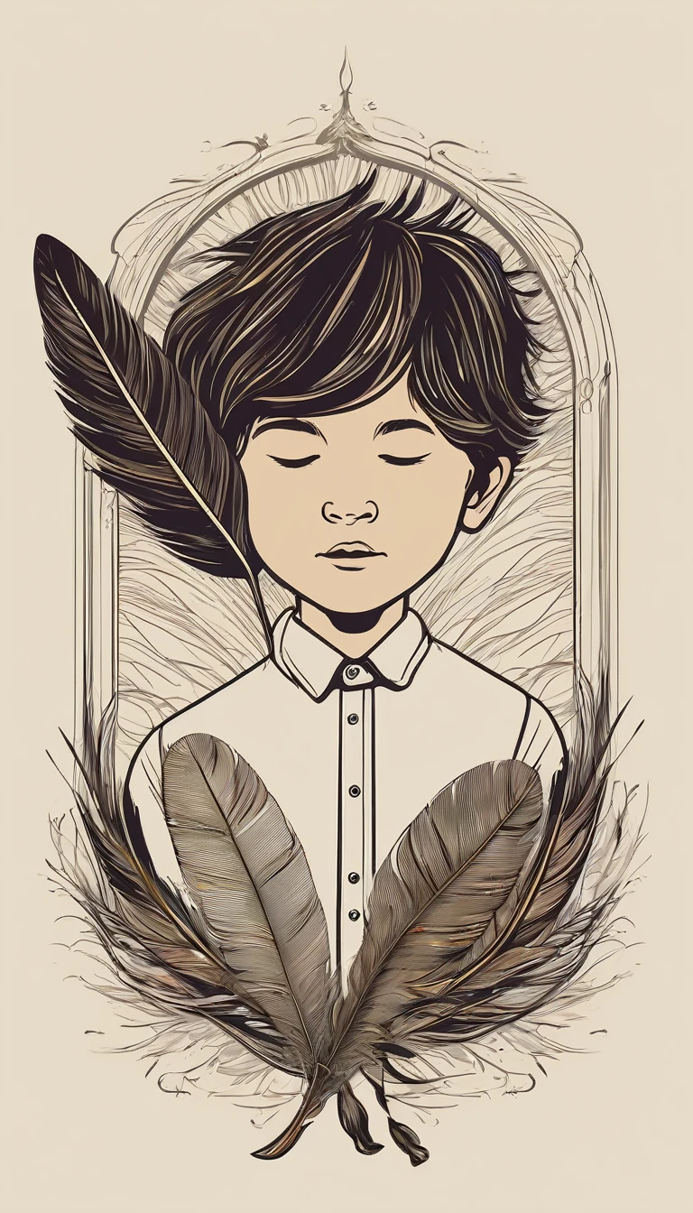 Design a logo that captures the magic of storytelling and the importance of memory, encapsulating the brand 'Penamemoria'. The logo should be simple, memorable, timeless, and versatile, working well in both print and digital formats. Should include the face of a boy and a bird feather
